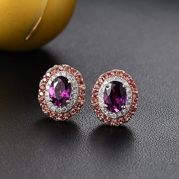 Certified & Appraised Luxoro AAA Radiant Ember Garnet Padparadscha Sapphire I2 Diamond 3.00 Ctw Stud Earrings In 10K Yellow Gold