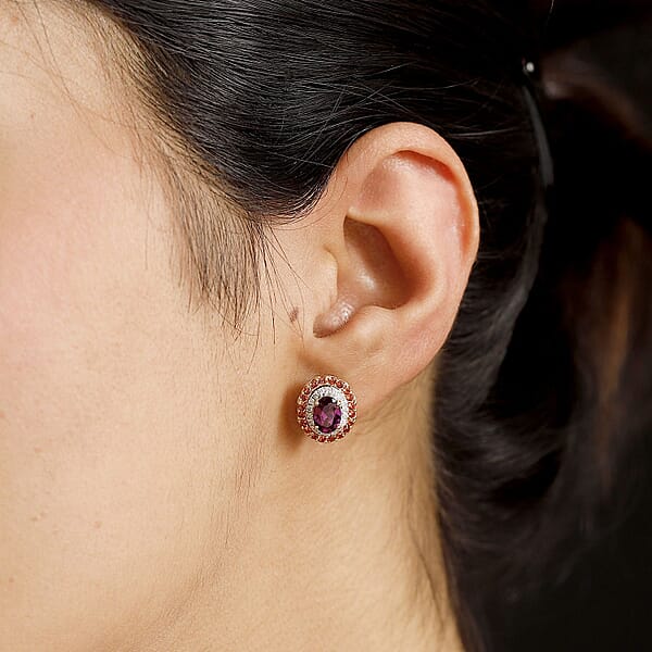 Certified & Appraised Luxoro AAA Radiant Ember Garnet Padparadscha Sapphire I2 Diamond 3.00 Ctw Stud Earrings In 10K Yellow Gold