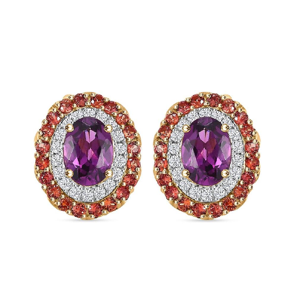 Certified & Appraised Luxoro AAA Radiant Ember Garnet Padparadscha Sapphire I2 Diamond 3.00 ctw Stud Earrings in 10K Yellow Gold