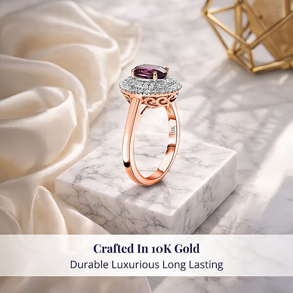 Certified & Appraised Luxoro AAA Radiant Ember Garnet And G-H I2 Diamond 1.97 Ctw Double Halo Ring In 10K Rose Gold (Del. In 10-12 Days)