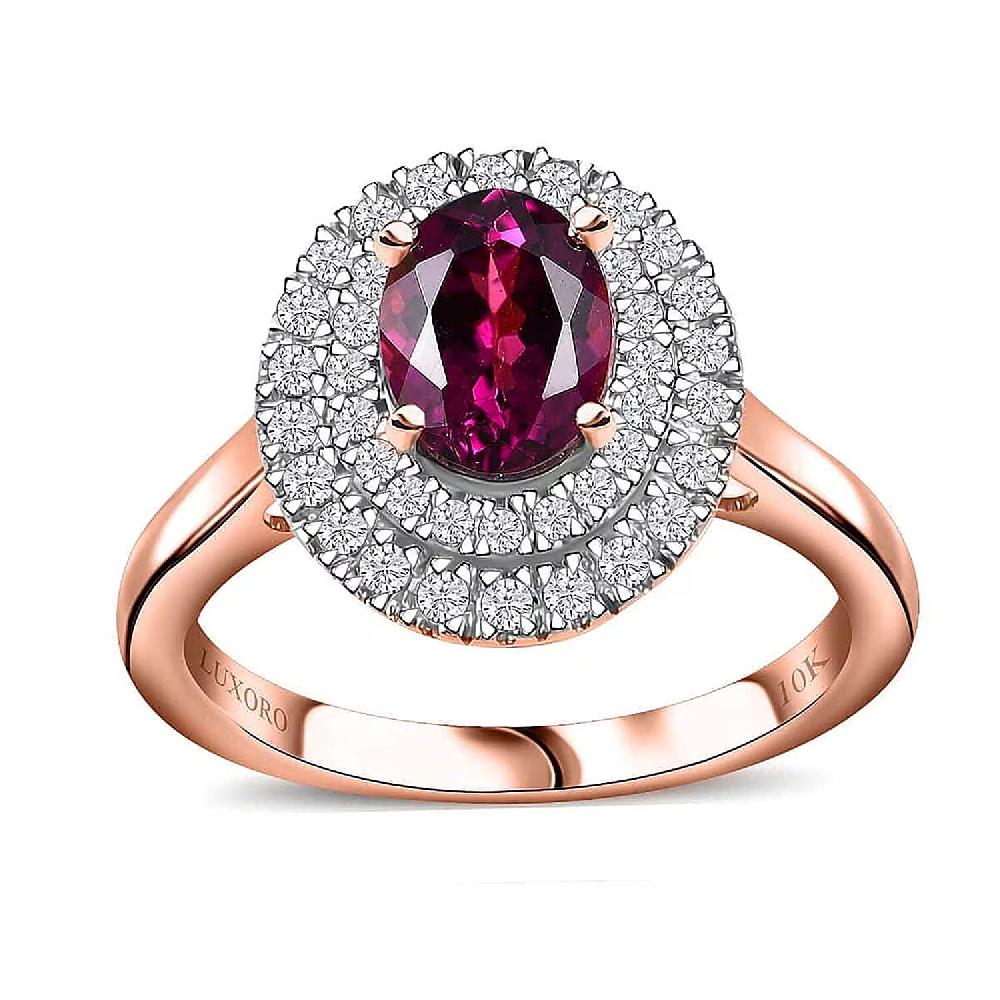 Certified & Appraised Luxoro AAA Radiant Ember Garnet and G-H I2 Diamond 1.97 ctw Double Halo Ring in 10K Rose Gold (Del. in 10-12 Days)