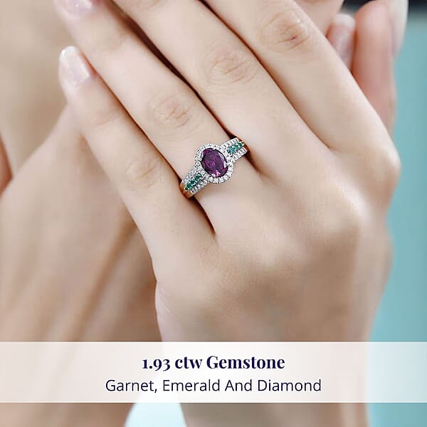 Certified & Appraised Luxoro AAA Radiant Ember Garnet Boyaca Colombian Emerald And G-H I2 Diamond 1.93 Ctw Ring In 10K Rose Gold