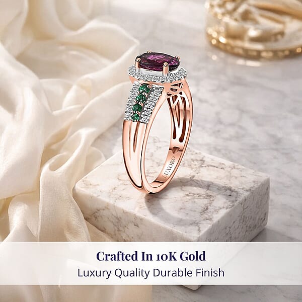 Certified & Appraised Luxoro AAA Radiant Ember Garnet Boyaca Colombian Emerald And G-H I2 Diamond 1.93 Ctw Ring In 10K Rose Gold