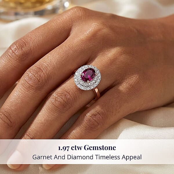Certified & Appraised Luxoro AAA Radiant Ember Garnet And G-H I2 Diamond 1.97 Ctw Double Halo Ring In 10K Rose Gold