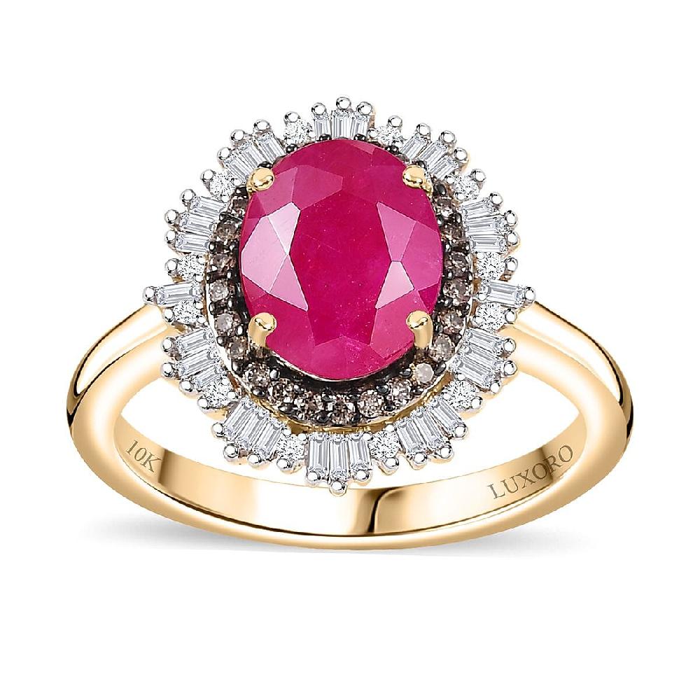 Certified & Appraised Luxoro AAA Royal Ruby G-H I2 Natural Champagne and White Diamond 3.06 ctw Sunlit Rose Ring in 10K Yellow Gold