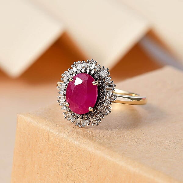Certified & Appraised Luxoro AAA Royal Ruby G-H I2 Natural Champagne And White Diamond 3.06 Ctw Sunlit Rose Ring In 10K Yellow Gold