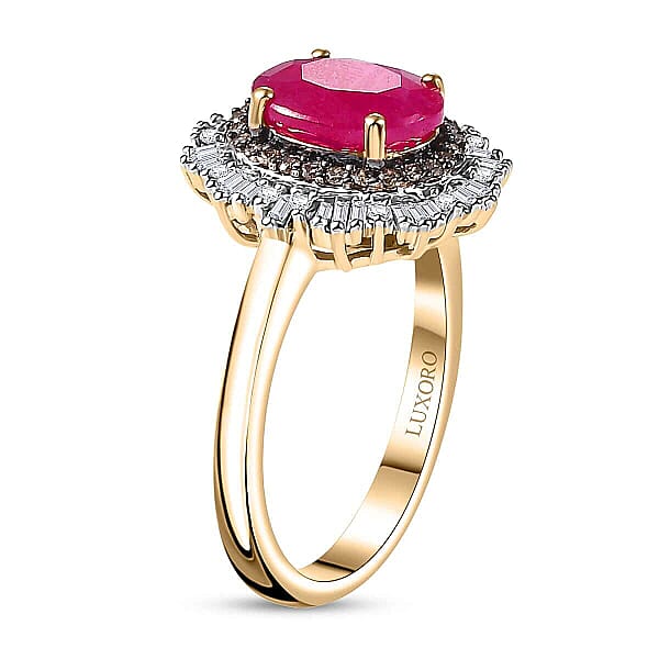 Certified & Appraised Luxoro AAA Royal Ruby G-H I2 Natural Champagne And White Diamond 3.06 Ctw Sunlit Rose Ring In 10K Yellow Gold