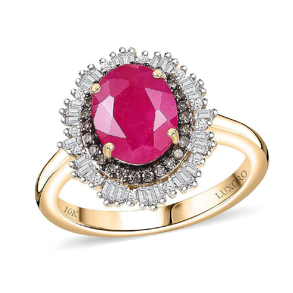 Certified & Appraised Luxoro AAA Royal Ruby G-H I2 Natural Champagne and White Diamond 3.06 ctw Sunlit Rose Ring in 10K Yellow Gold