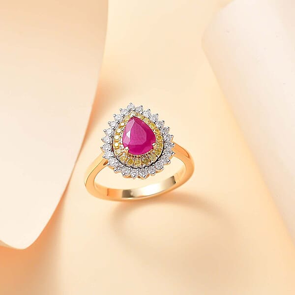 Certified & Appraised Luxoro AAA Royal Ruby I2 Yellow And White Diamond 1.93 Ctw Ring In 10K Yellow Gold 4 Grams