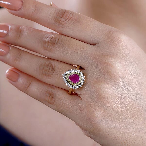 Certified & Appraised Luxoro AAA Royal Ruby I2 Yellow And White Diamond 1.93 Ctw Ring In 10K Yellow Gold 4 Grams