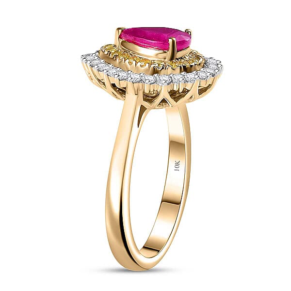 Certified & Appraised Luxoro AAA Royal Ruby I2 Yellow And White Diamond 1.93 Ctw Ring In 10K Yellow Gold 4 Grams
