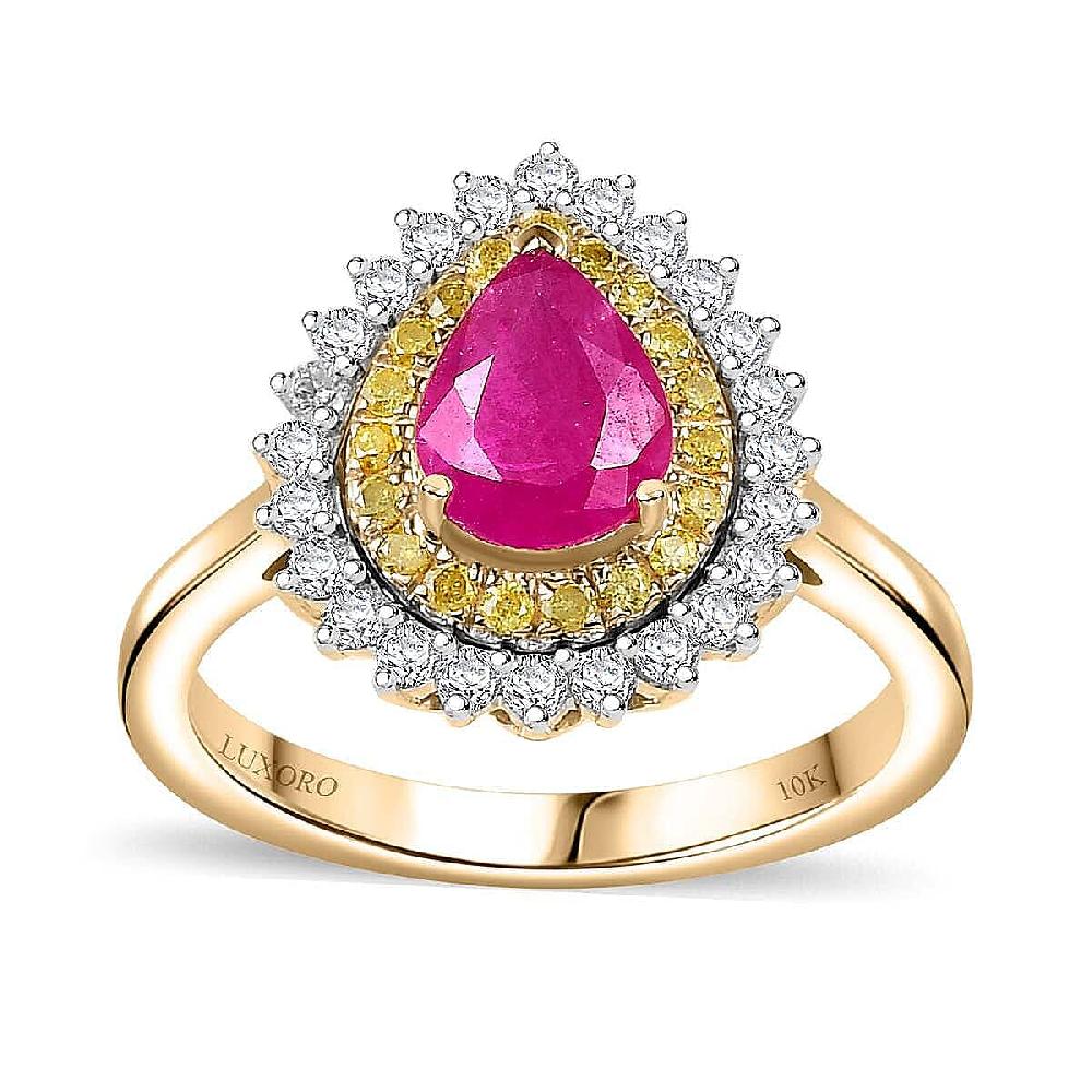Certified & Appraised Luxoro AAA Royal Ruby I2 Yellow and White Diamond 1.93 ctw Ring in 10K Yellow Gold 4 Grams