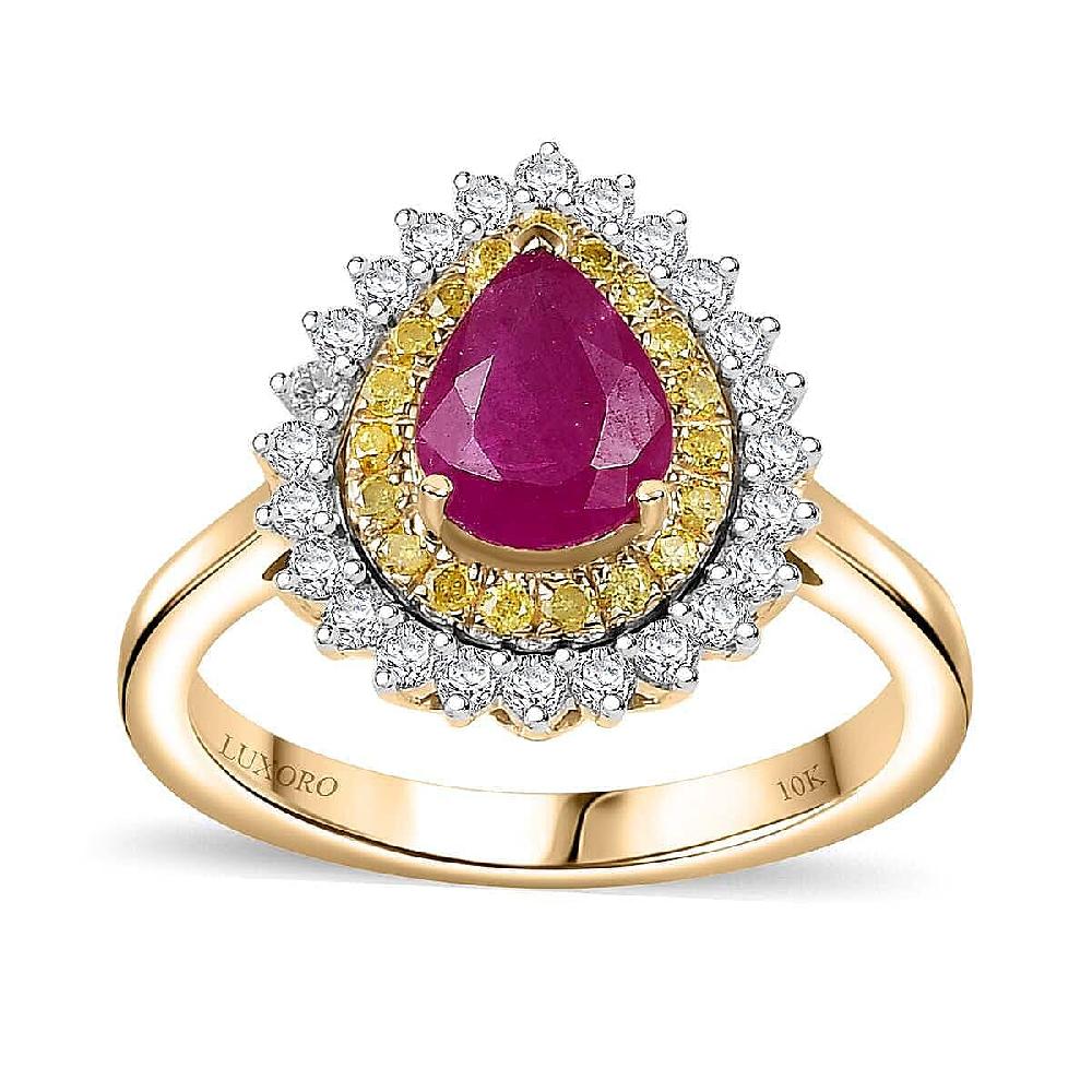 Certified & Appraised Luxoro AAA Royal Ruby I2 Yellow and White Diamond 1.93 ctw Ring in 10K Yellow Gold 4 Grams