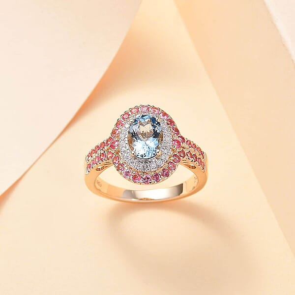 Certified & Appraised Luxoro AAA Santa Maria Aquamarine Mahenge Spinel And I2 Diamond 2.05 Ctw Double Halo Ring In 14K Yellow Gold 5.05 Grams