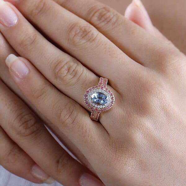 Certified & Appraised Luxoro AAA Santa Maria Aquamarine Mahenge Spinel And I2 Diamond 2.05 Ctw Double Halo Ring In 14K Yellow Gold 5.05 Grams