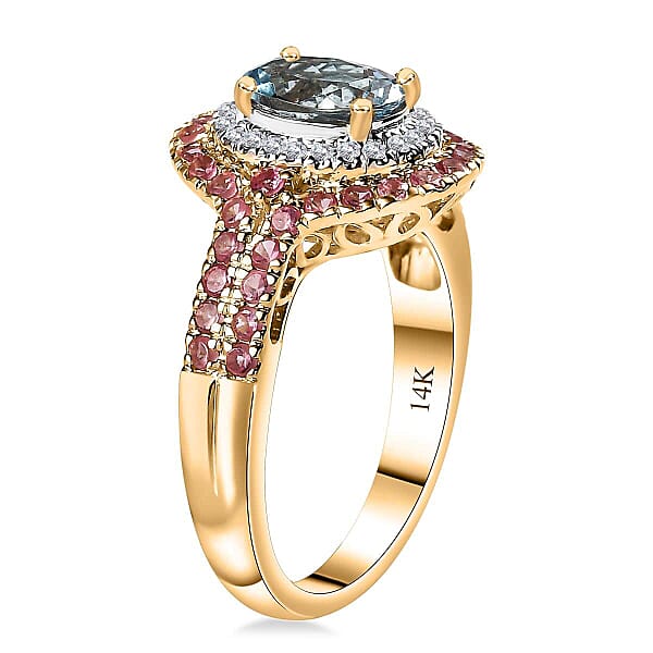 Certified & Appraised Luxoro AAA Santa Maria Aquamarine Mahenge Spinel And I2 Diamond 2.05 Ctw Double Halo Ring In 14K Yellow Gold 5.05 Grams