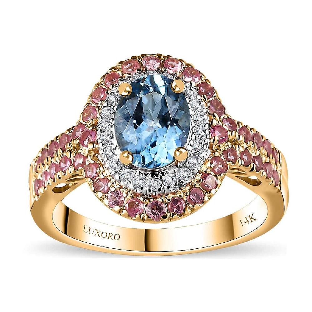 Certified & Appraised Luxoro AAA Santa Maria Aquamarine Mahenge Spinel and I2 Diamond 2.05 ctw Double Halo Ring in 14K Yellow Gold 5.05 Grams