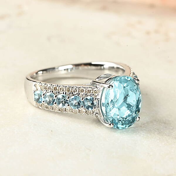 Certified & Appraised Luxoro AAA Santa Maria Aquamarine And G-H I2 Diamond 3.20 Ctw Ring In 14K White Gold 4.56 Grams