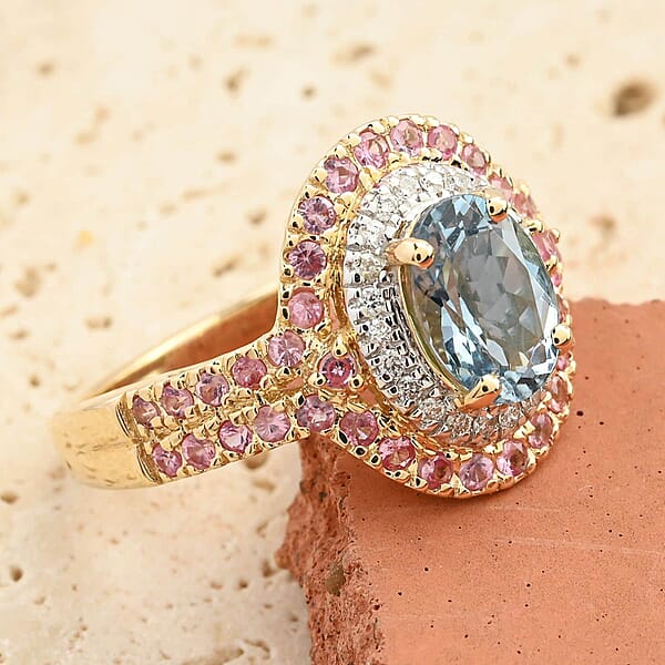 Certified & Appraised Luxoro AAA Santa Maria Aquamarine Mahenge Spinel And I2 Diamond 2.05 Ctw Double Halo Ring In 14K Yellow Gold (Size 6.0) 5.05 Grams