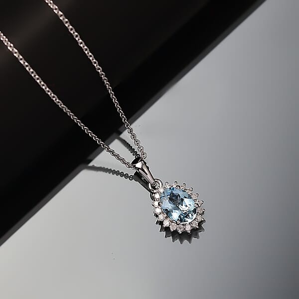 Certified & Appraised Luxoro AAA Santa Maria Aquamarine And G-H I2 Diamond 1.17 Ctw Pendant Necklace In 14K White Gold 20 Inches