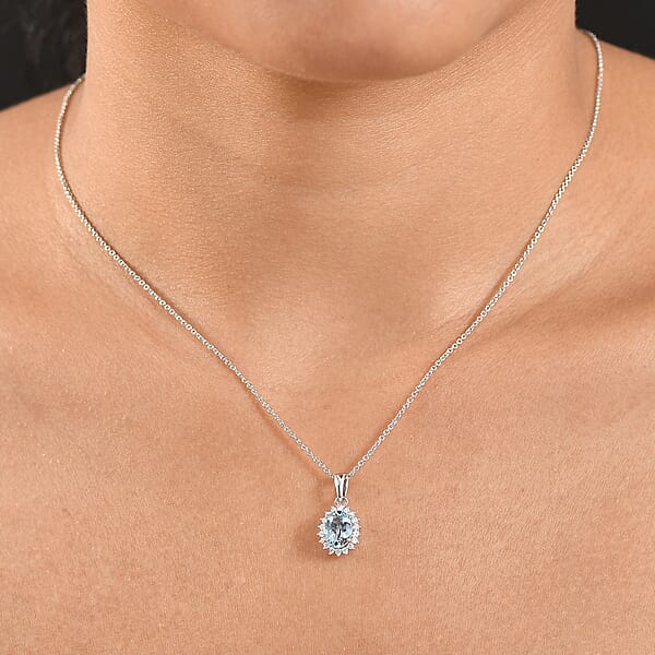 Certified & Appraised Luxoro AAA Santa Maria Aquamarine And G-H I2 Diamond 1.17 Ctw Pendant Necklace In 14K White Gold 20 Inches