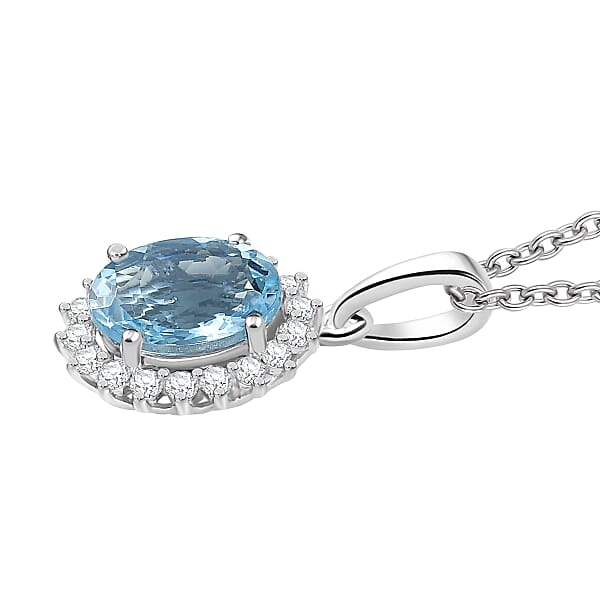 Certified & Appraised Luxoro AAA Santa Maria Aquamarine And G-H I2 Diamond 1.17 Ctw Pendant Necklace In 14K White Gold 20 Inches