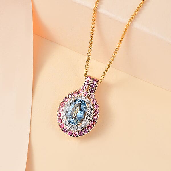 Certified & Appraised Luxoro AAA Santa Maria Aquamarine Mahenge Spinel And I2 Diamond 1.80 Ctw Double Halo Pendant Necklace In 14K Yellow Gold 20 Inches