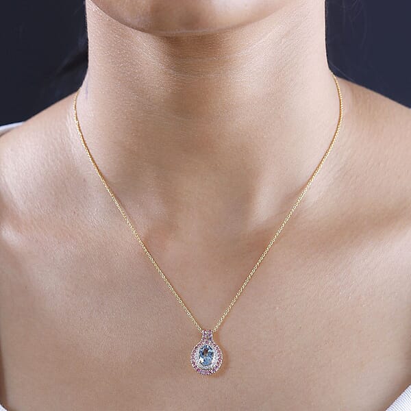 Certified & Appraised Luxoro AAA Santa Maria Aquamarine Mahenge Spinel And I2 Diamond 1.80 Ctw Double Halo Pendant Necklace In 14K Yellow Gold 20 Inches
