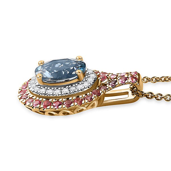 Certified & Appraised Luxoro AAA Santa Maria Aquamarine Mahenge Spinel And I2 Diamond 1.80 Ctw Double Halo Pendant Necklace In 14K Yellow Gold 20 Inches