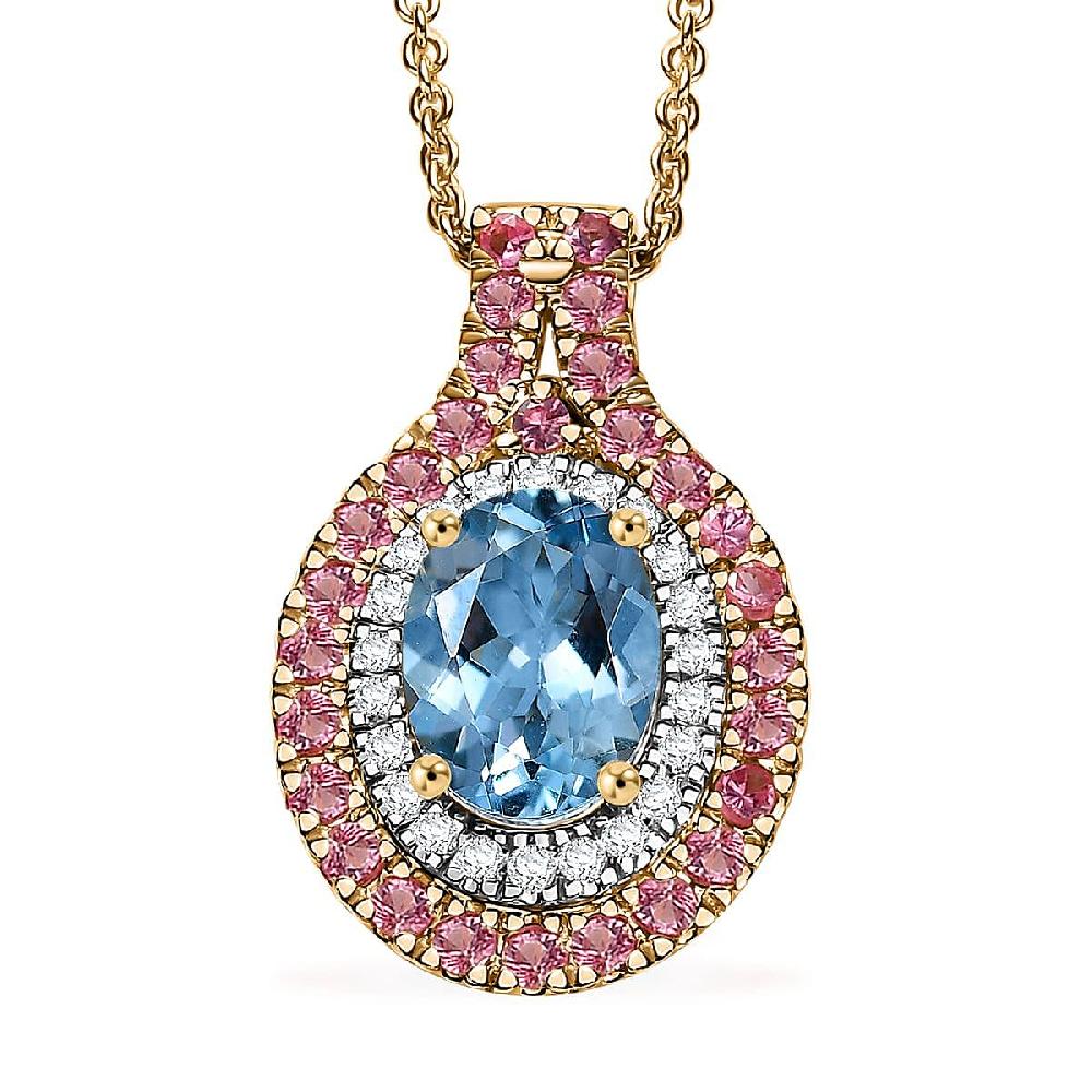 Certified & Appraised Luxoro AAA Santa Maria Aquamarine Mahenge Spinel and I2 Diamond 1.80 ctw Double Halo Pendant Necklace in 14K Yellow Gold 20 Inches