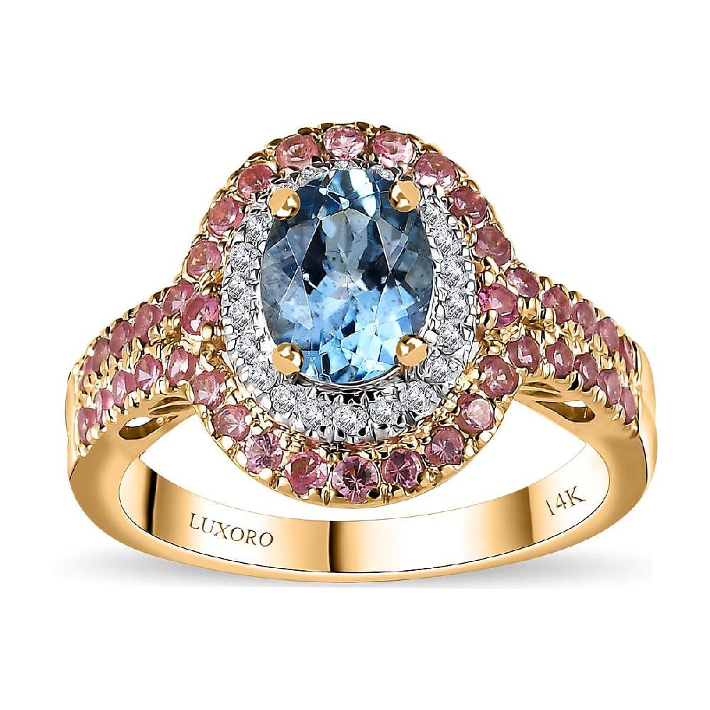 Certified & Appraised Luxoro AAA Santa Maria Aquamarine Mahenge Spinel and I2 Diamond 2.05 ctw Double Halo Ring in 14K Yellow Gold 5.05 Grams