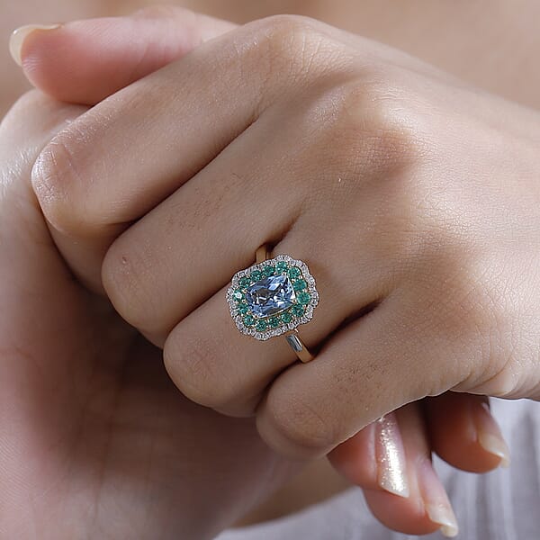 Certified & Appraised Luxoro AAA Santa Maria Aquamarine Boyaca Colombian Emerald And I2 Diamond 1.95 Ctw Ring In 14K Yellow Gold
