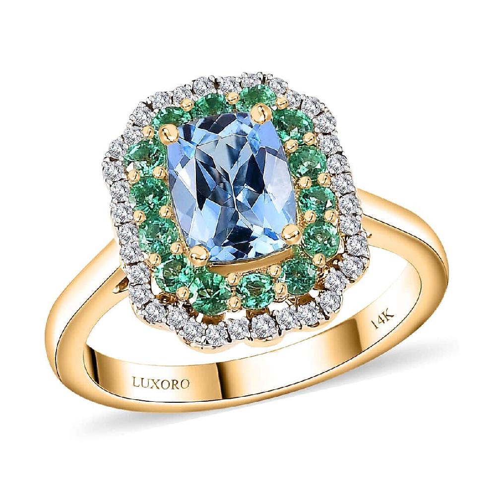 Certified & Appraised Luxoro AAA Santa Maria Aquamarine Boyaca Colombian Emerald and I2 Diamond 1.95 ctw Ring in 14K Yellow Gold