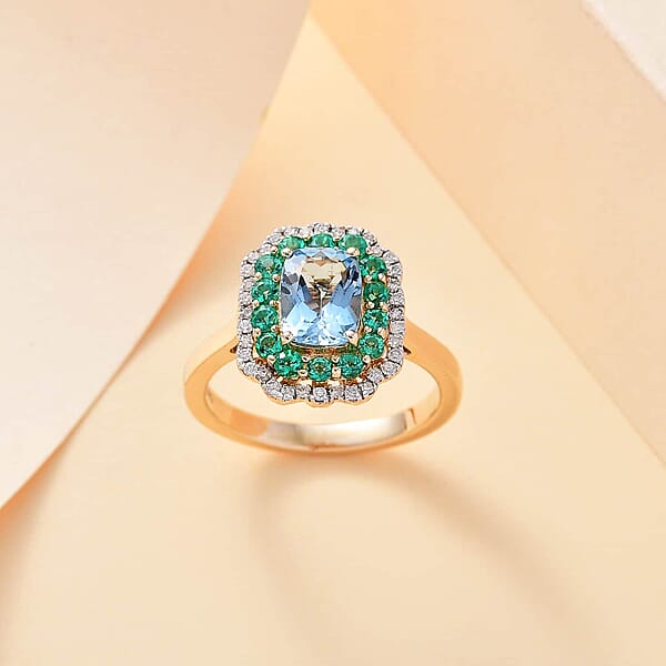 Certified & Appraised Luxoro AAA Santa Maria Aquamarine Boyaca Colombian Emerald And I2 Diamond 1.95 Ctw Ring In 14K Yellow Gold