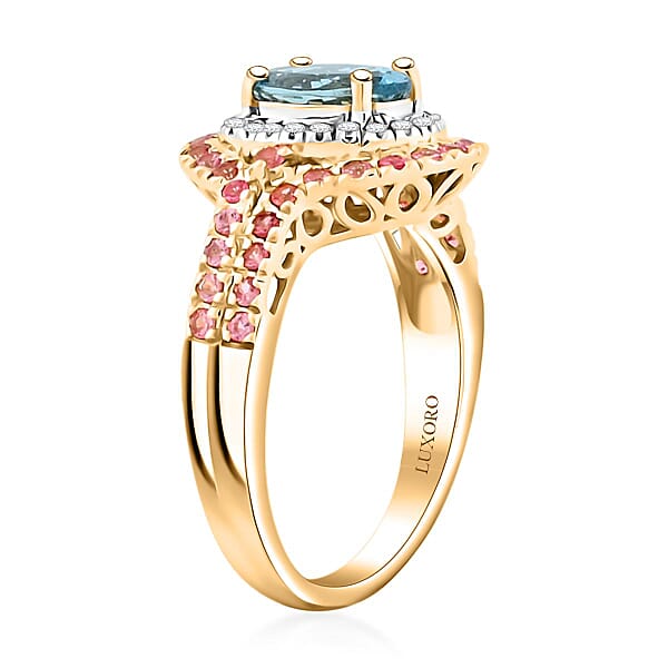 Certified & Appraised Luxoro AAA Santa Maria Aquamarine Mahenge Spinel And I2 Diamond 2.05 Ctw Double Halo Ring In 14K Yellow Gold (Size 9.0) 5.05 Grams