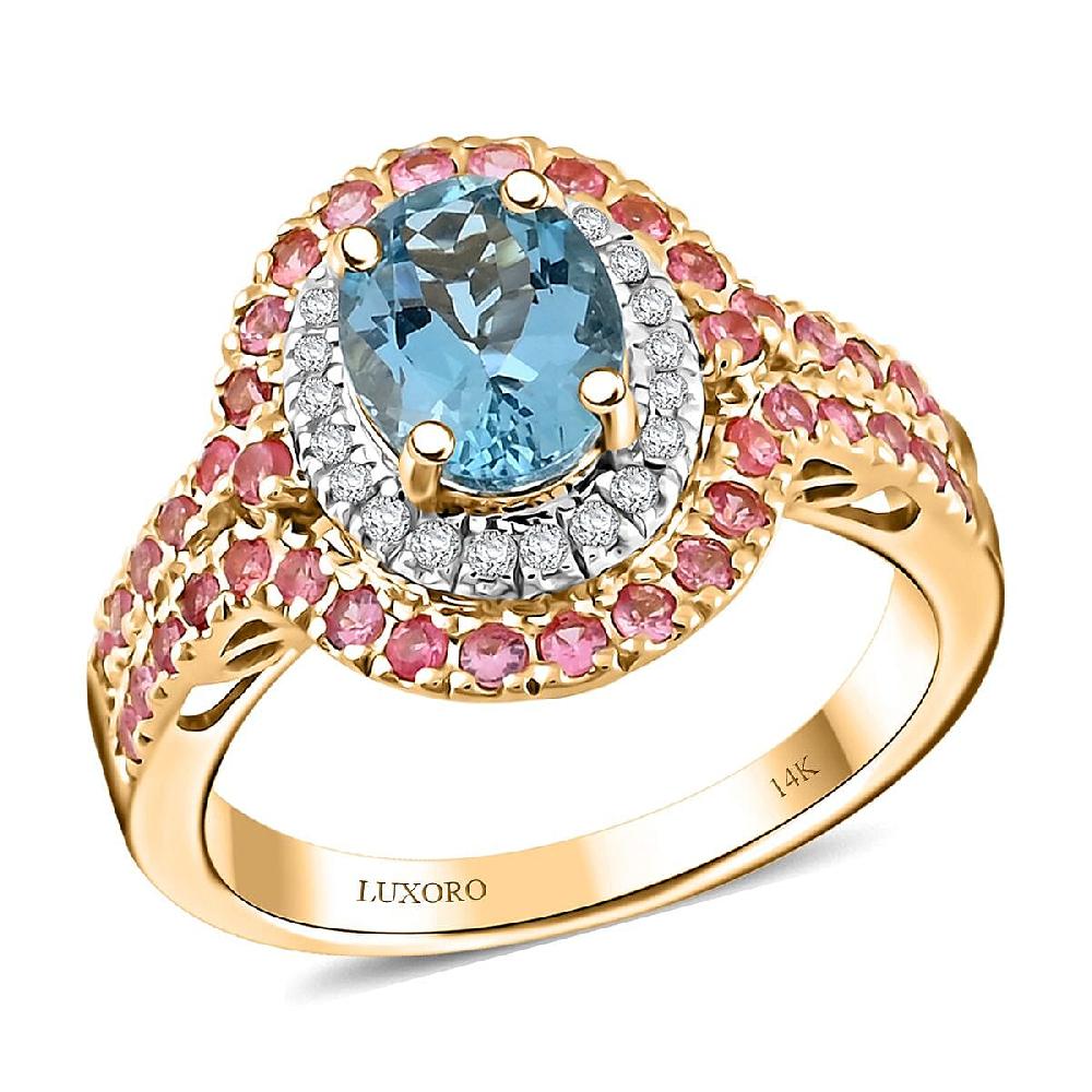 Certified & Appraised Luxoro AAA Santa Maria Aquamarine Mahenge Spinel and I2 Diamond 2.05 ctw Double Halo Ring in 14K Yellow Gold (Size 9.0) 5.05 Grams