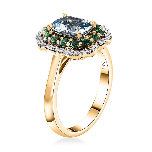 Certified & Appraised Luxoro AAA Santa Maria Aquamarine Boyaca Colombian Emerald And I2 Diamond 1.95 Ctw Ring In 14K Yellow Gold