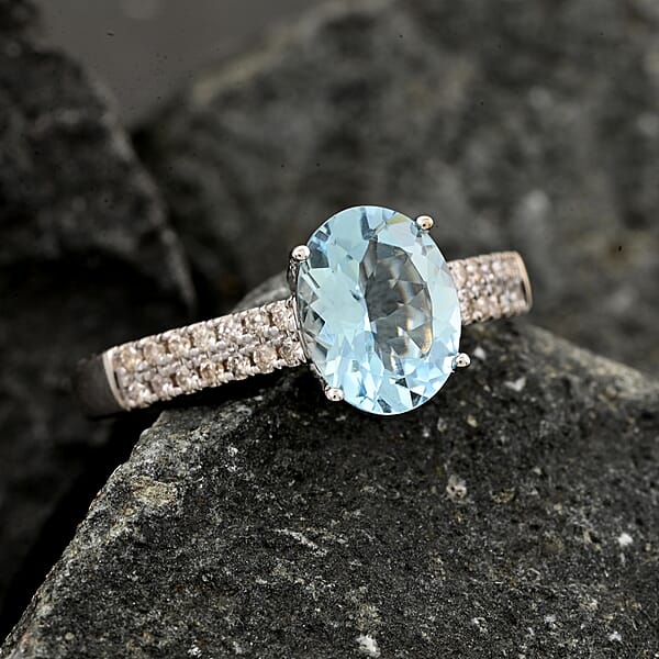 Certified & Appraised Luxoro AAA Santa Maria Aquamarine And G-H I2 Diamond 2.00 Ctw Ring In 14K White Gold