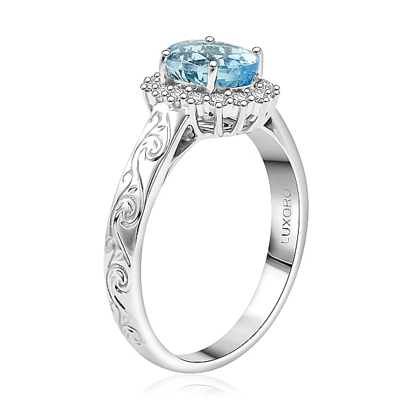 Certified & Appraised Luxoro AAA Santamaria Aquamarine And White Diamond I2 1.50 Ctw Ring In 14K White Gold