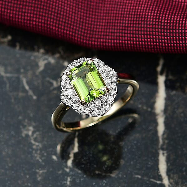 Certified & Appraised Luxoro AAA Sapo Green Tourmaline And I2 Diamond 1.70 Ctw Ring In 10K Yellow Gold