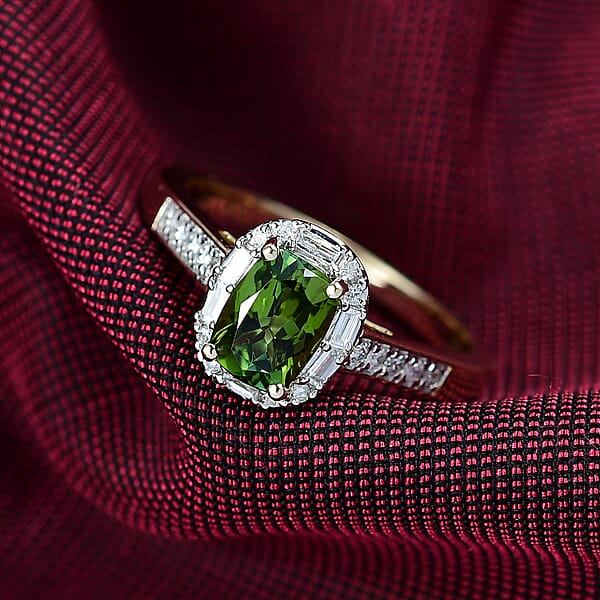 Certified & Appraised Luxoro AAA Sapo Green Tourmaline And I2 Diamond 1.57 Ctw Ring In 10K Yellow Gold