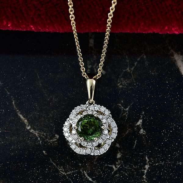 Certified & Appraised Luxoro AAA Sapo Tourmaline And I2 Diamond 1.52 Ctw Pendant Necklace 20 Inches In 10K Yellow Gold