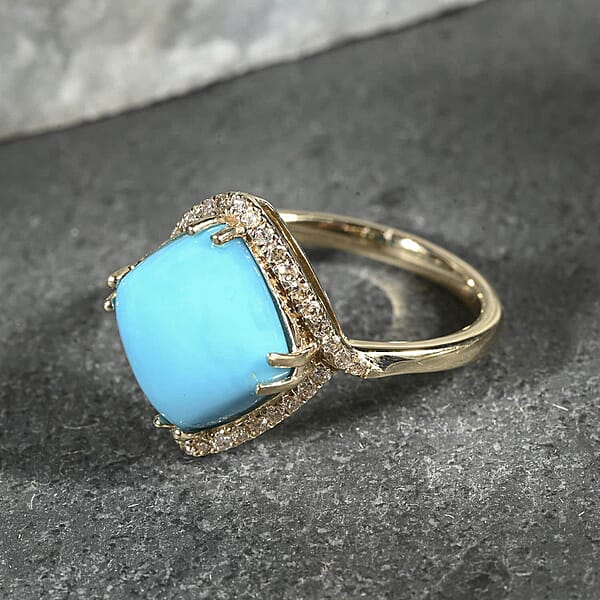 Certified & Appraised Luxoro AAA Sleeping Beauty Turquoise And I2 Diamond 5.00 Ctw Ring In 10K Yellow Gold