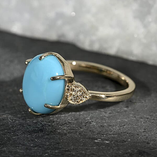 Certified & Appraised Luxoro AAA Sleeping Beauty Turquoise And I2 Diamond 4.50 Ctw Ring In 10K Yellow Gold