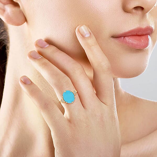 Certified & Appraised Luxoro AAA Sleeping Beauty Turquoise And I2 Diamond 4.50 Ctw Ring In 10K Yellow Gold