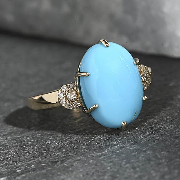 Certified & Appraised Luxoro AAA Sleeping Beauty Turquoise And I2 Diamond 5.00 Ctw Ring In 10K Yellow Gold