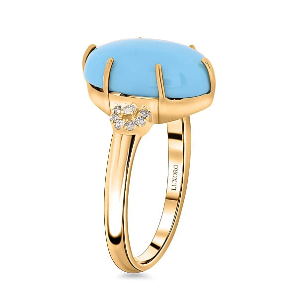 Certified & Appraised Luxoro AAA Sleeping Beauty Turquoise And I2 Diamond 5.00 Ctw Ring In 10K Yellow Gold