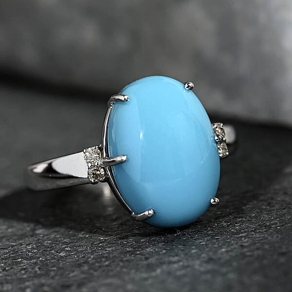 Certified & Appraised Luxoro AAA Sleeping Beauty Turquoise And I2 Diamond 5.00 Ctw Ring In 10K White Gold