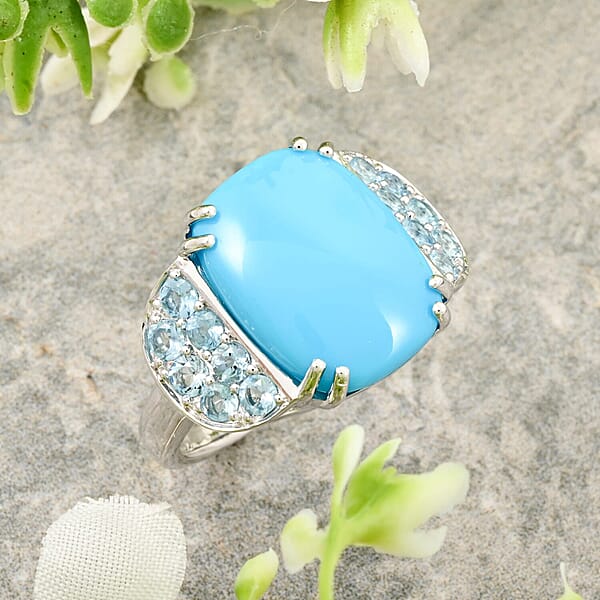 Certified & Appraised Luxoro AAA Sleeping Beauty Turquoise And Santa Maria Aquamarine 8.50 Ctw Ring In 10K White Gold 5.30 Grams