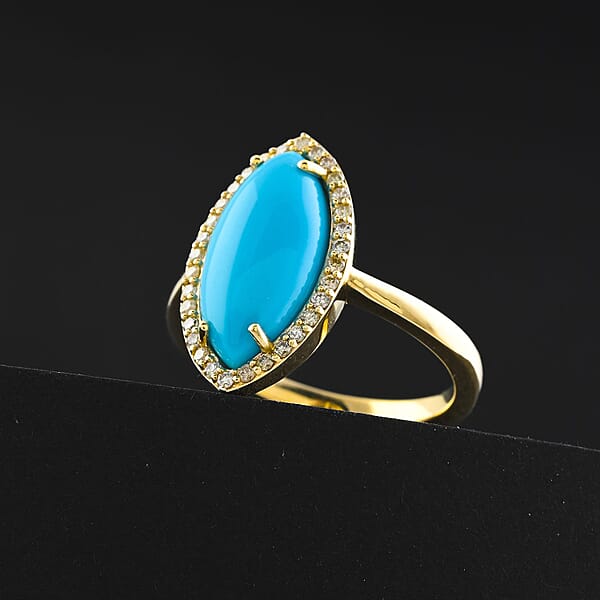 Certified & Appraised Luxoro AAA Sleeping Beauty Turquoise And G-H I2 Diamond 3.55 Ctw Ring In 10K Yellow Gold 4 Grams